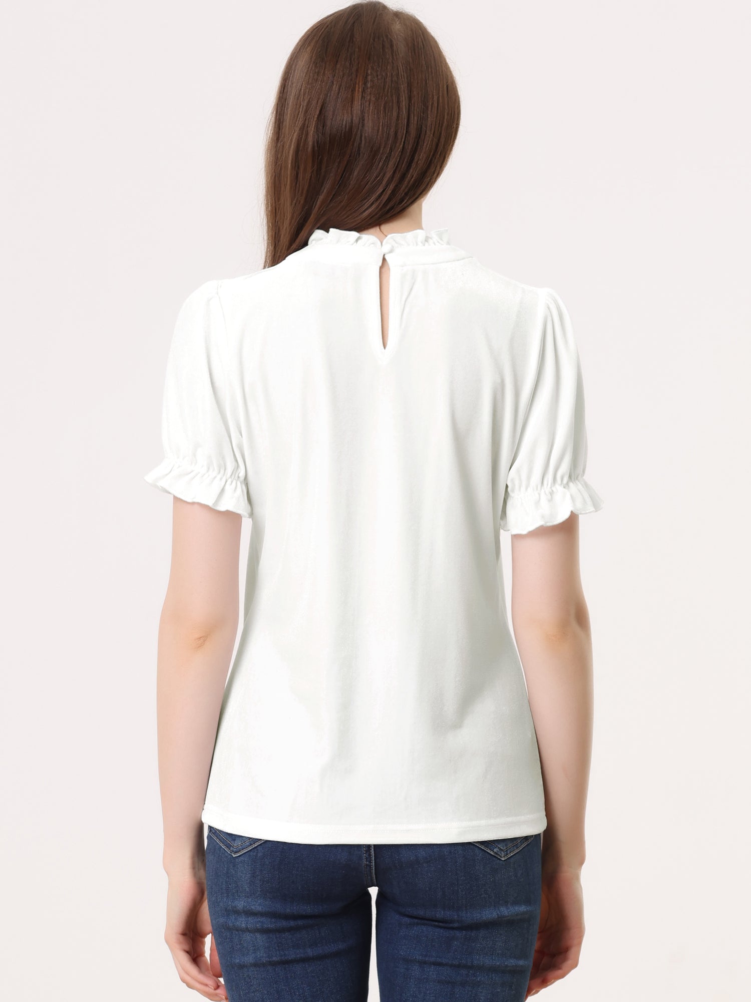 Ruffle Collar Short Cuff Sleeve Velvet Tops Blouse