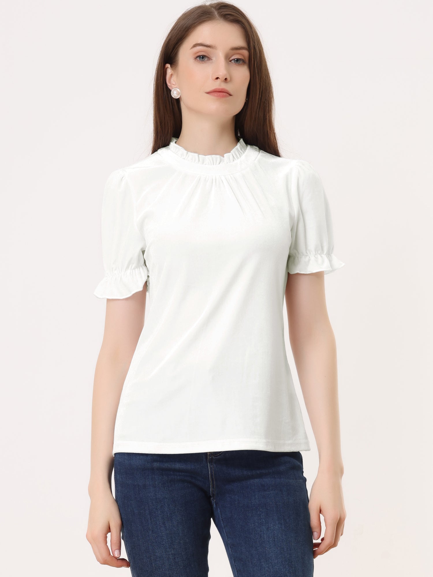Ruffle Collar Short Cuff Sleeve Velvet Tops Blouse