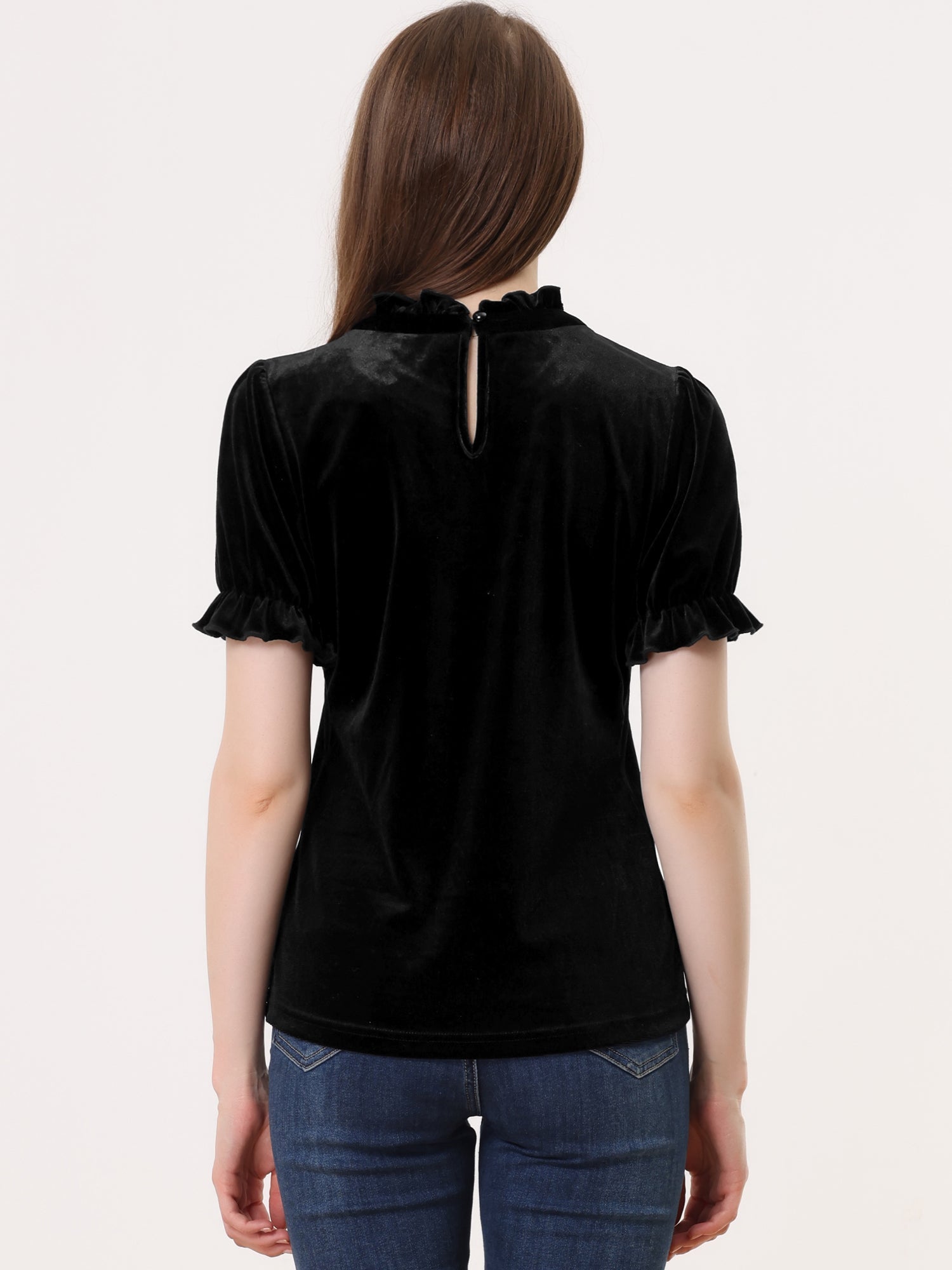 Ruffle Collar Short Cuff Sleeve Velvet Tops Blouse