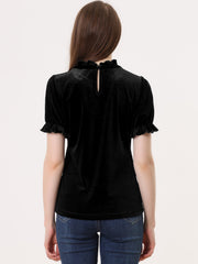 Ruffle Collar Short Cuff Sleeve Velvet Tops Blouse