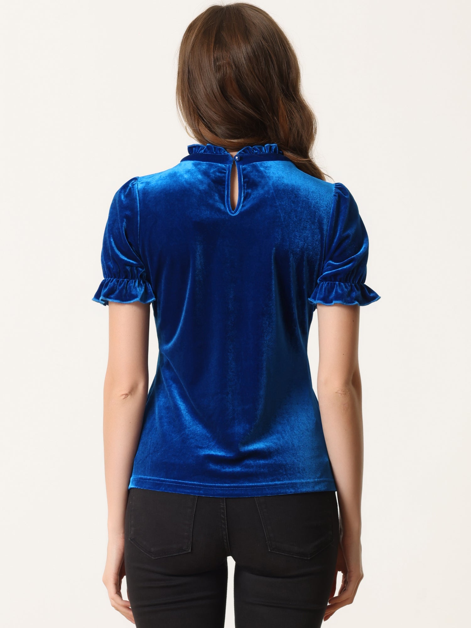 Ruffle Collar Short Cuff Sleeve Velvet Tops Blouse