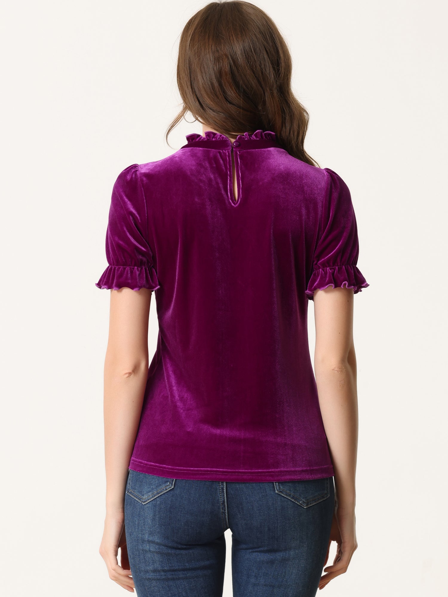 Ruffle Collar Short Cuff Sleeve Velvet Tops Blouse