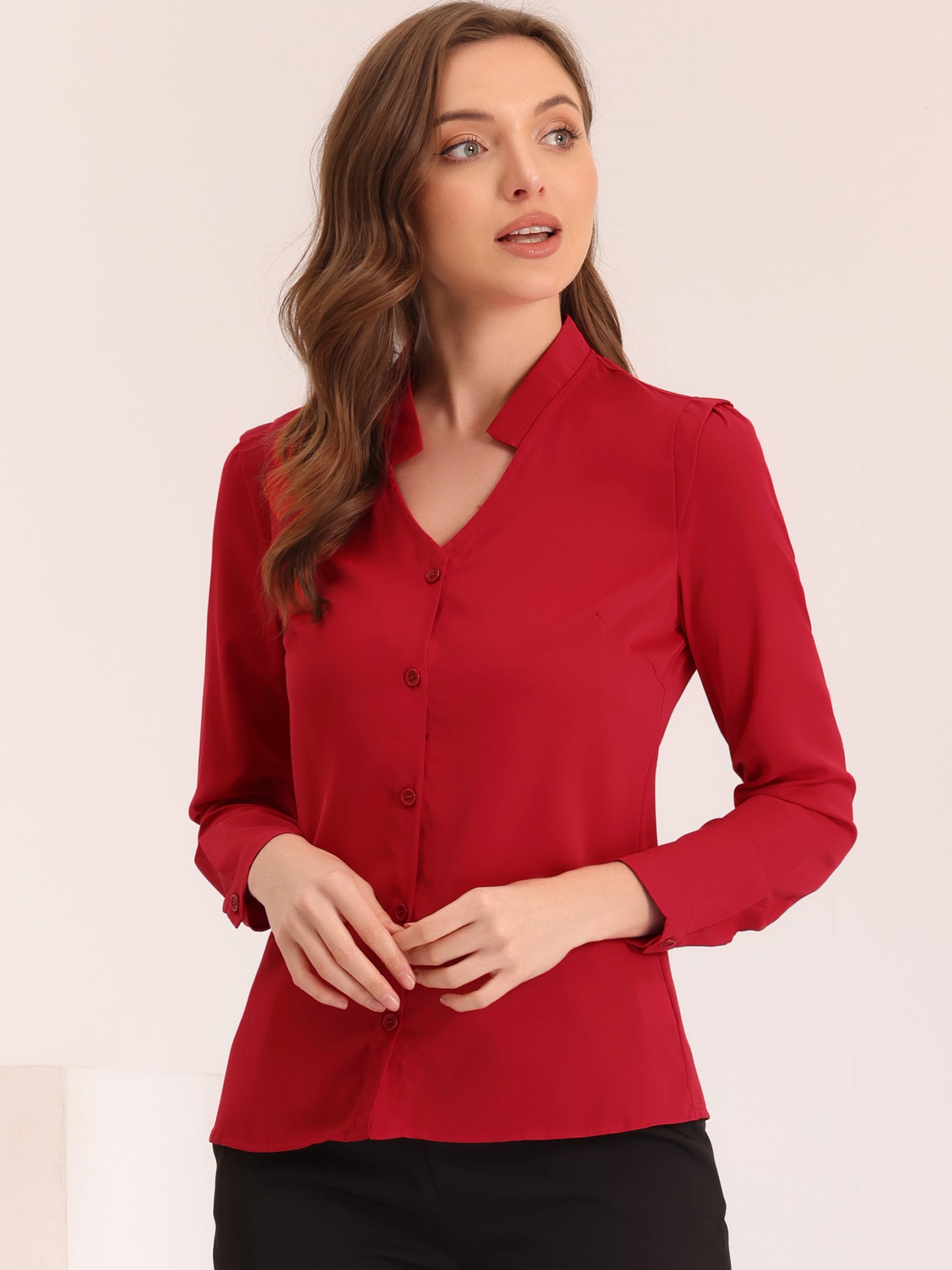 Work Office Blouse Button Up Long Sleeve V Neck Chiffon Shirt