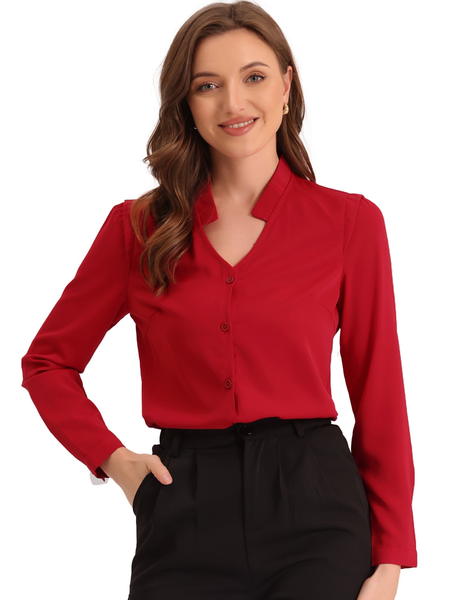 Work Office Blouse Button Up Long Sleeve V Neck Chiffon Shirt