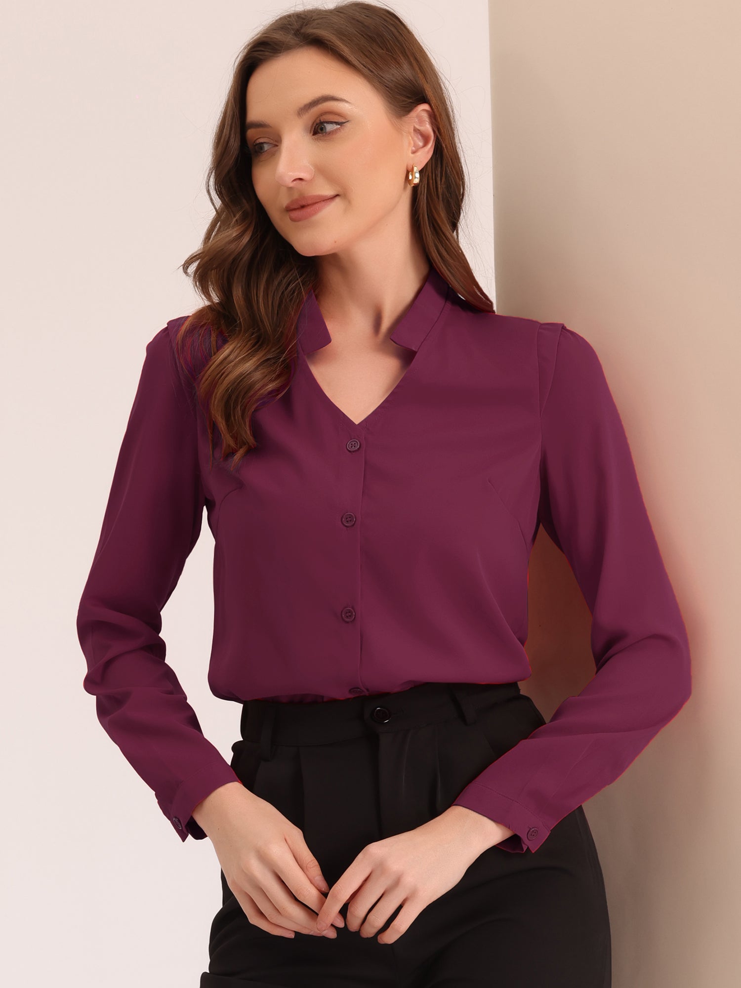 Work Office Blouse Button Up Long Sleeve V Neck Chiffon Shirt