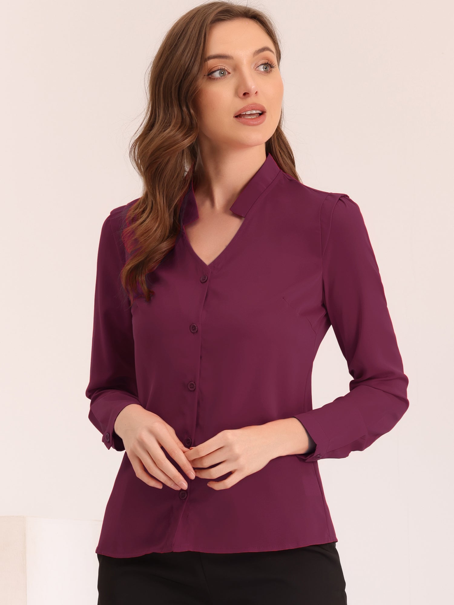 Work Office Blouse Button Up Long Sleeve V Neck Chiffon Shirt