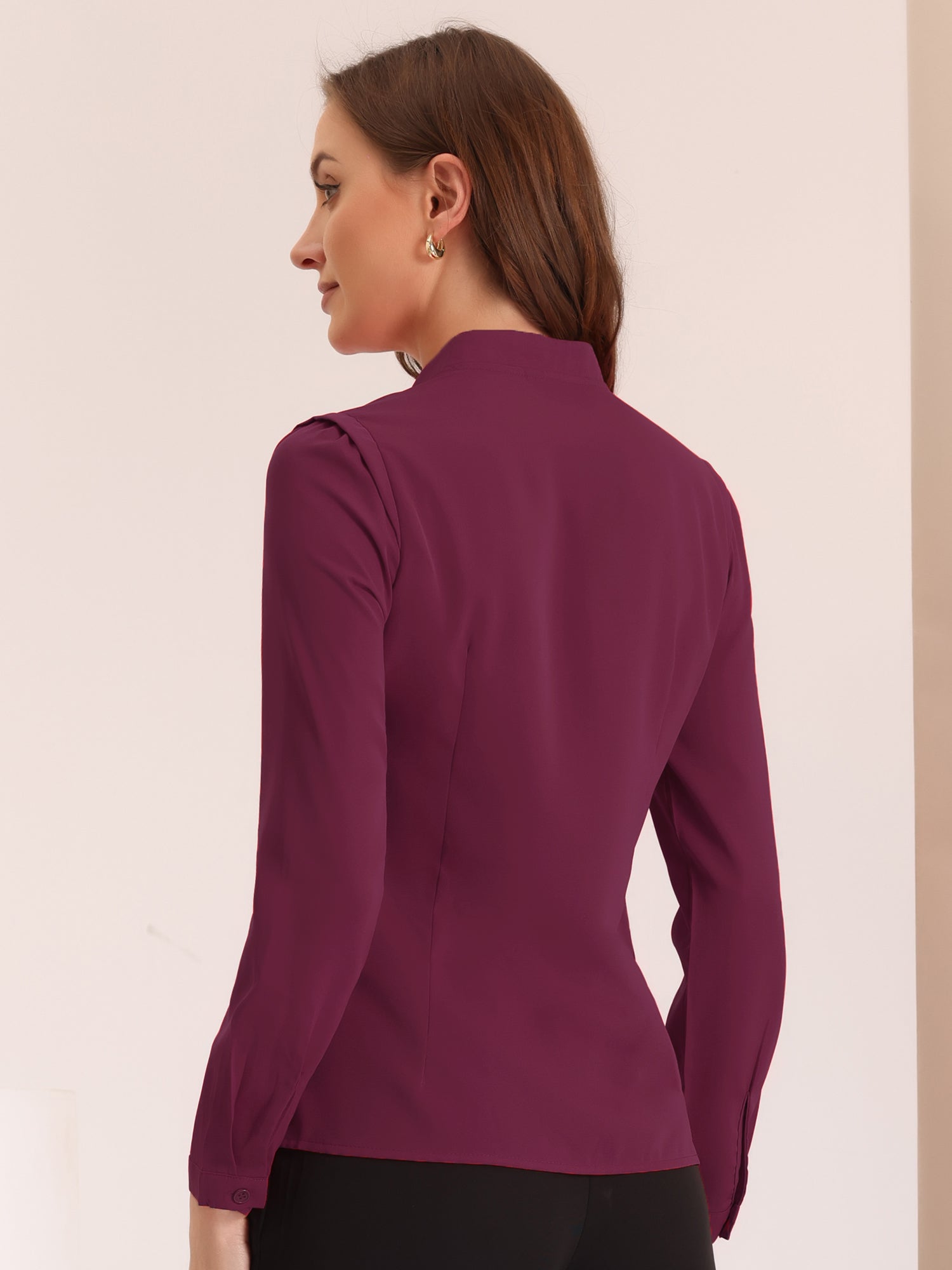 Work Office Blouse Button Up Long Sleeve V Neck Chiffon Shirt