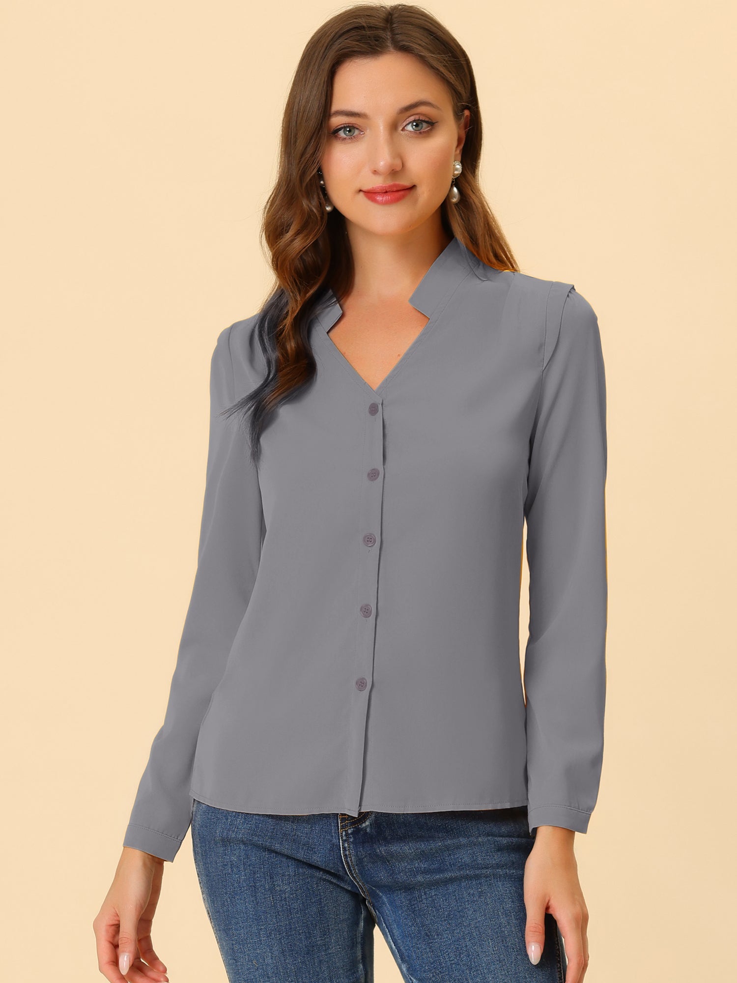 Work Office Blouse Button Up Long Sleeve V Neck Chiffon Shirt