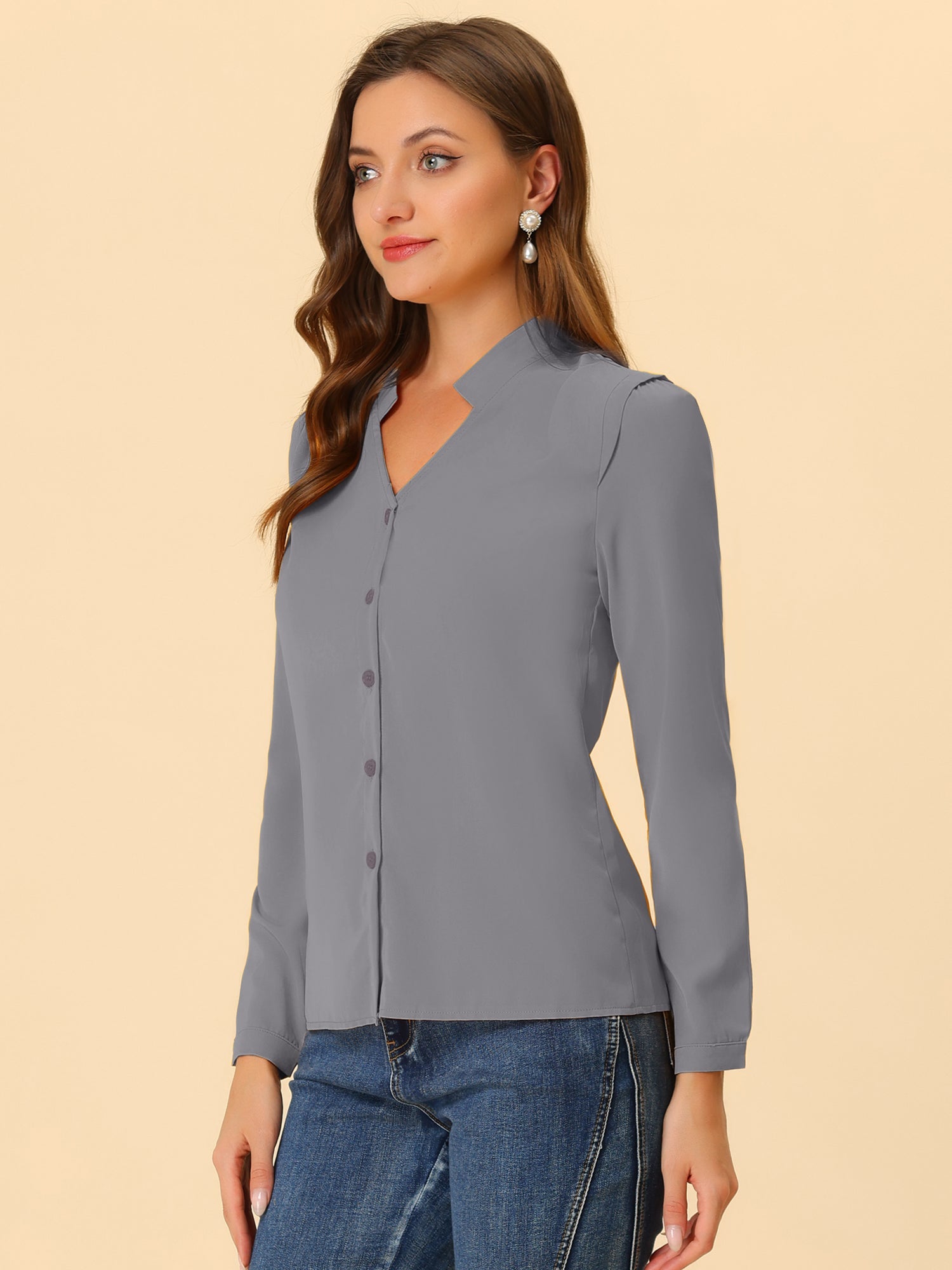 Work Office Blouse Button Up Long Sleeve V Neck Chiffon Shirt
