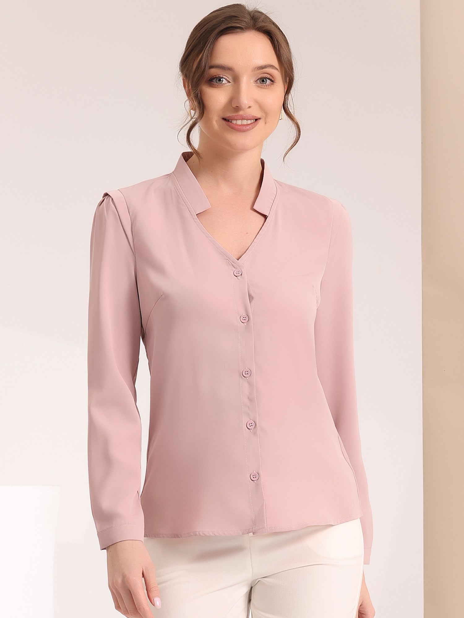 Work Office Blouse Button Up Long Sleeve V Neck Chiffon Shirt