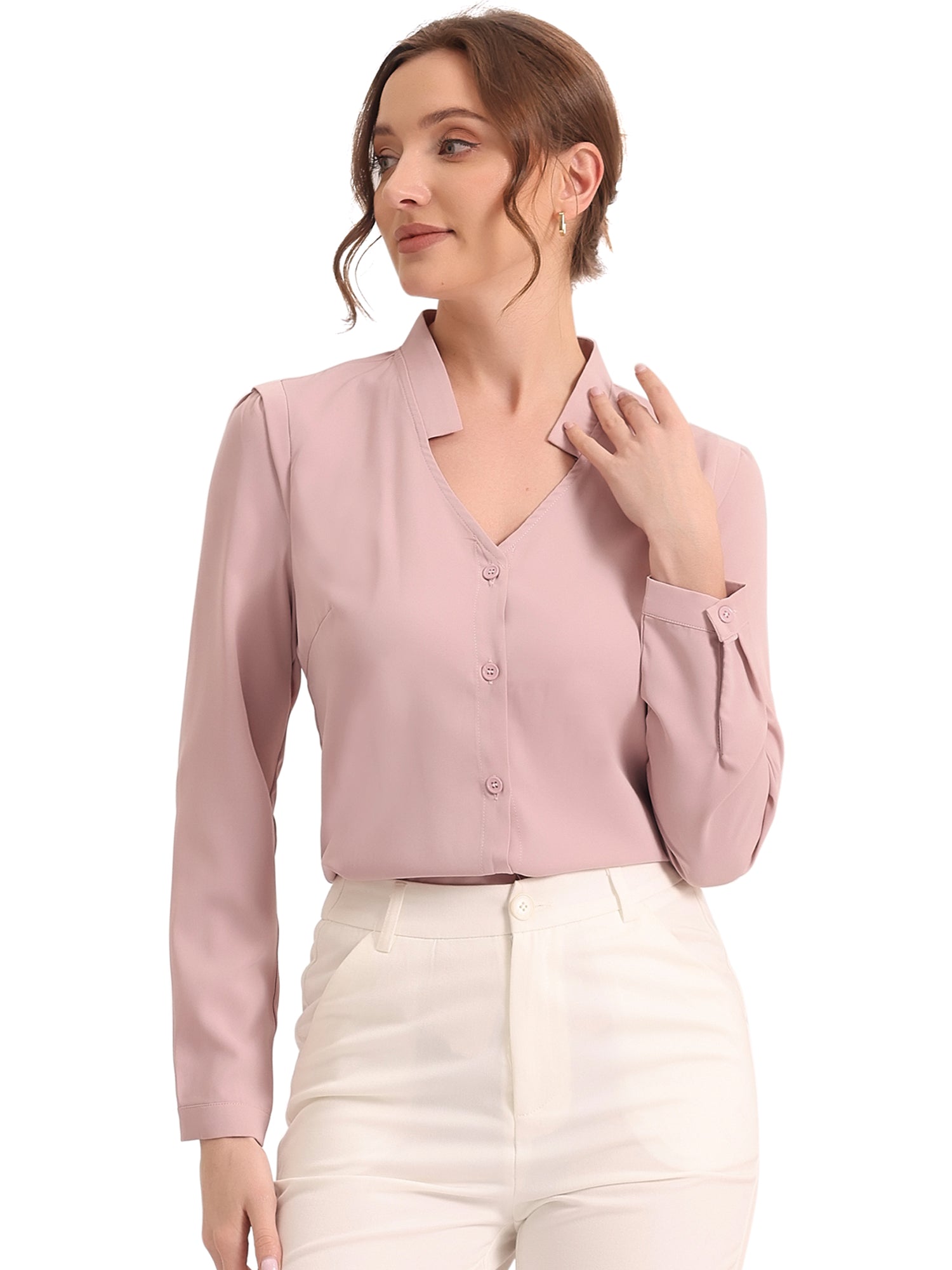 Work Office Blouse Button Up Long Sleeve V Neck Chiffon Shirt