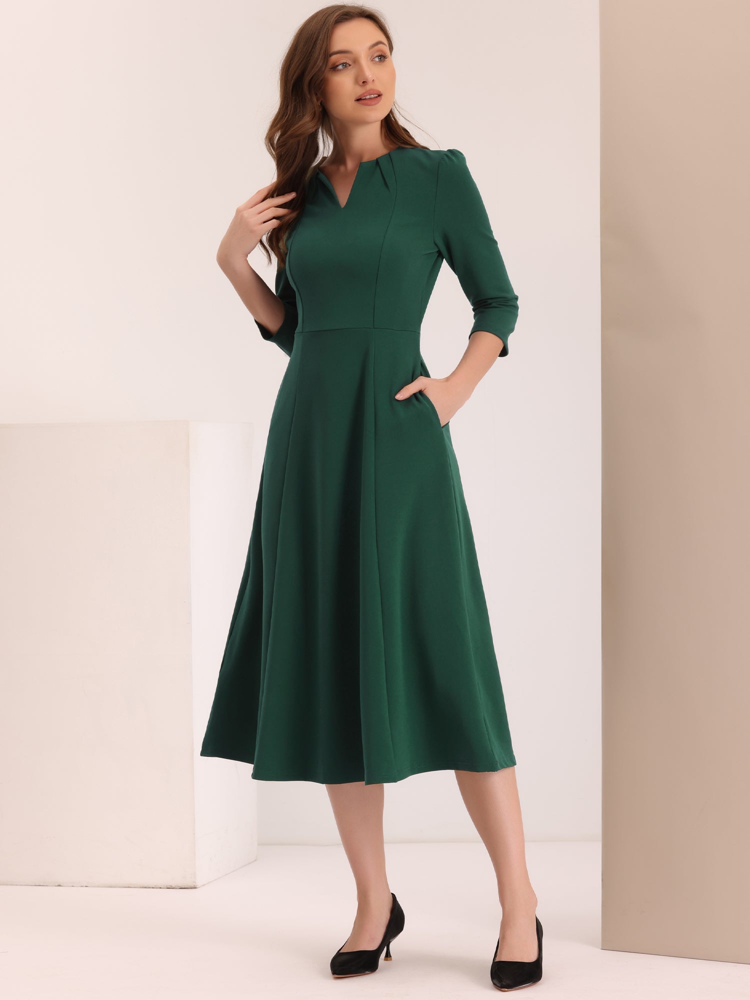 Notch Neck 3/4 Sleeve Pocketed Solid A-Line Work Dress