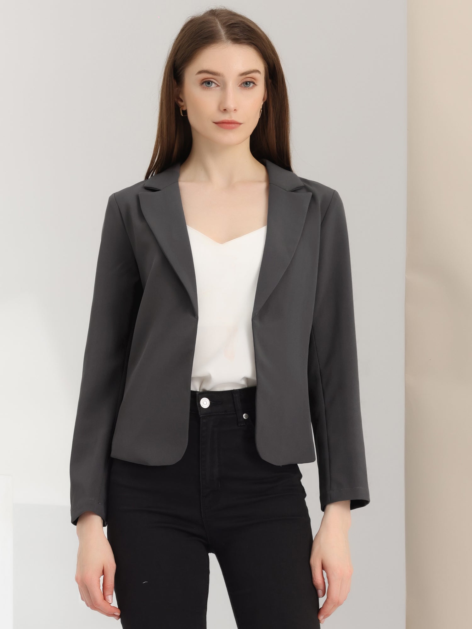 Notched Lapel Long Sleeves Solid Color Open Front Cropped Blazer