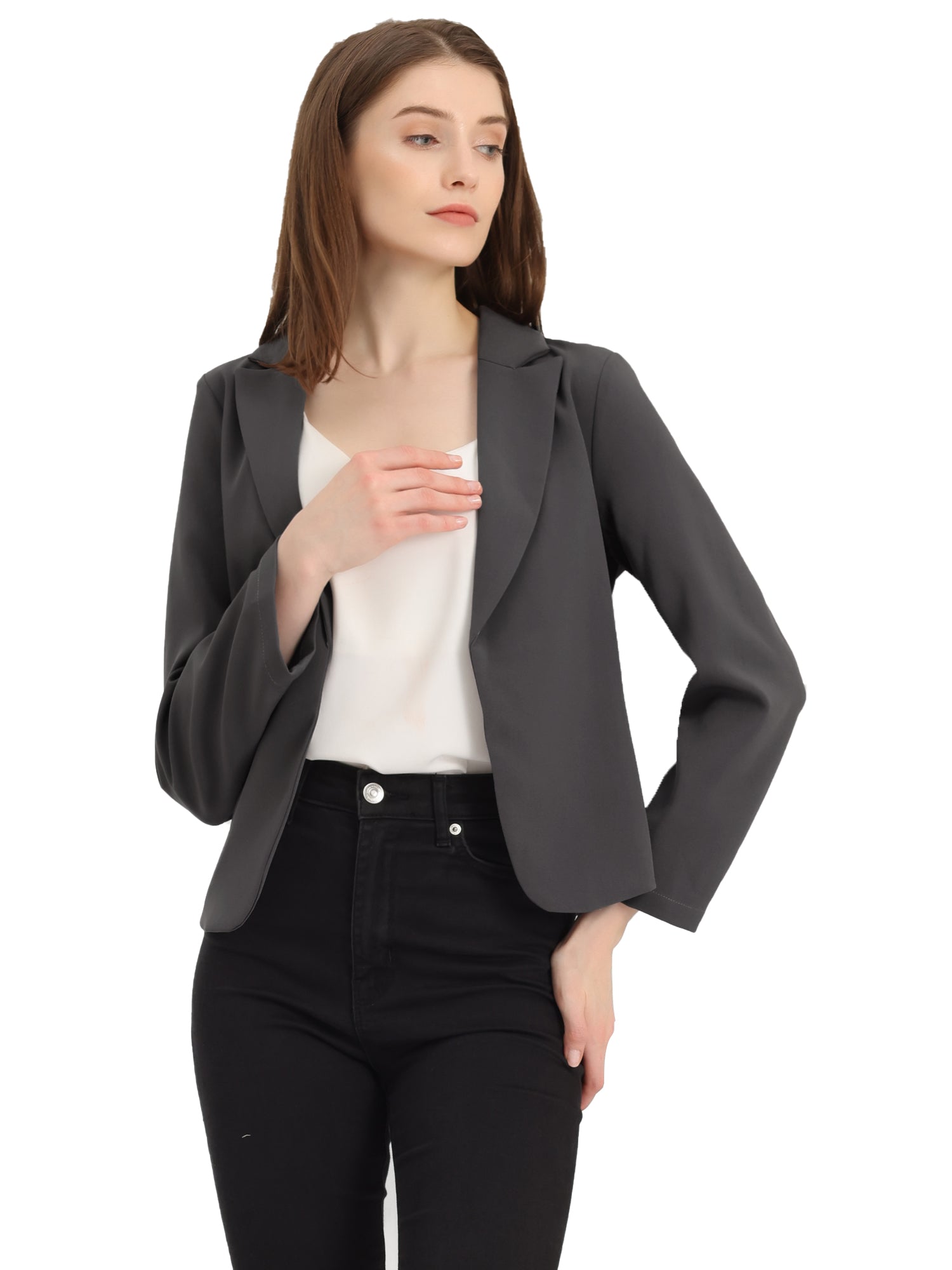 Notched Lapel Long Sleeves Solid Color Open Front Cropped Blazer