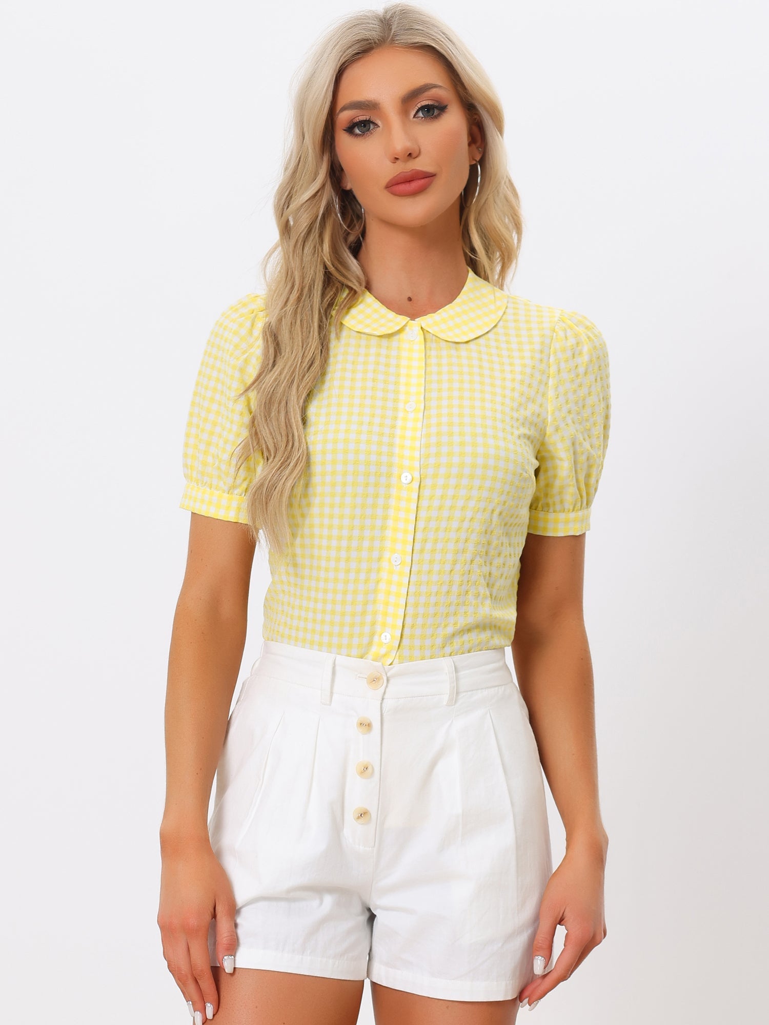 Plaid Puff Short Sleeve Gingham Peter Pan Collar Button Down Shirt
