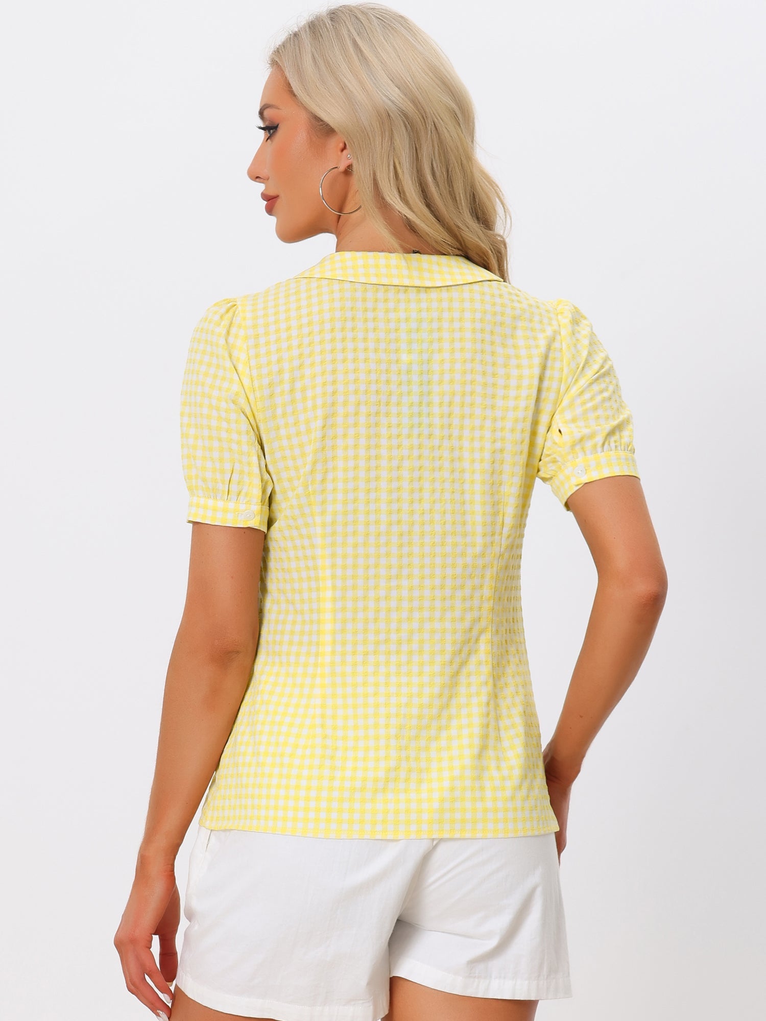 Plaid Puff Short Sleeve Gingham Peter Pan Collar Button Down Shirt