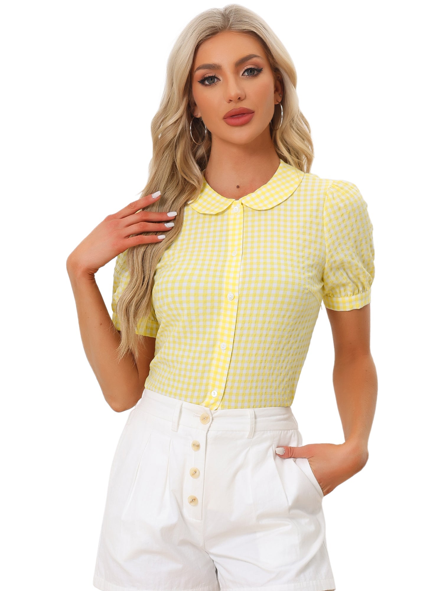 Plaid Puff Short Sleeve Gingham Peter Pan Collar Button Down Shirt