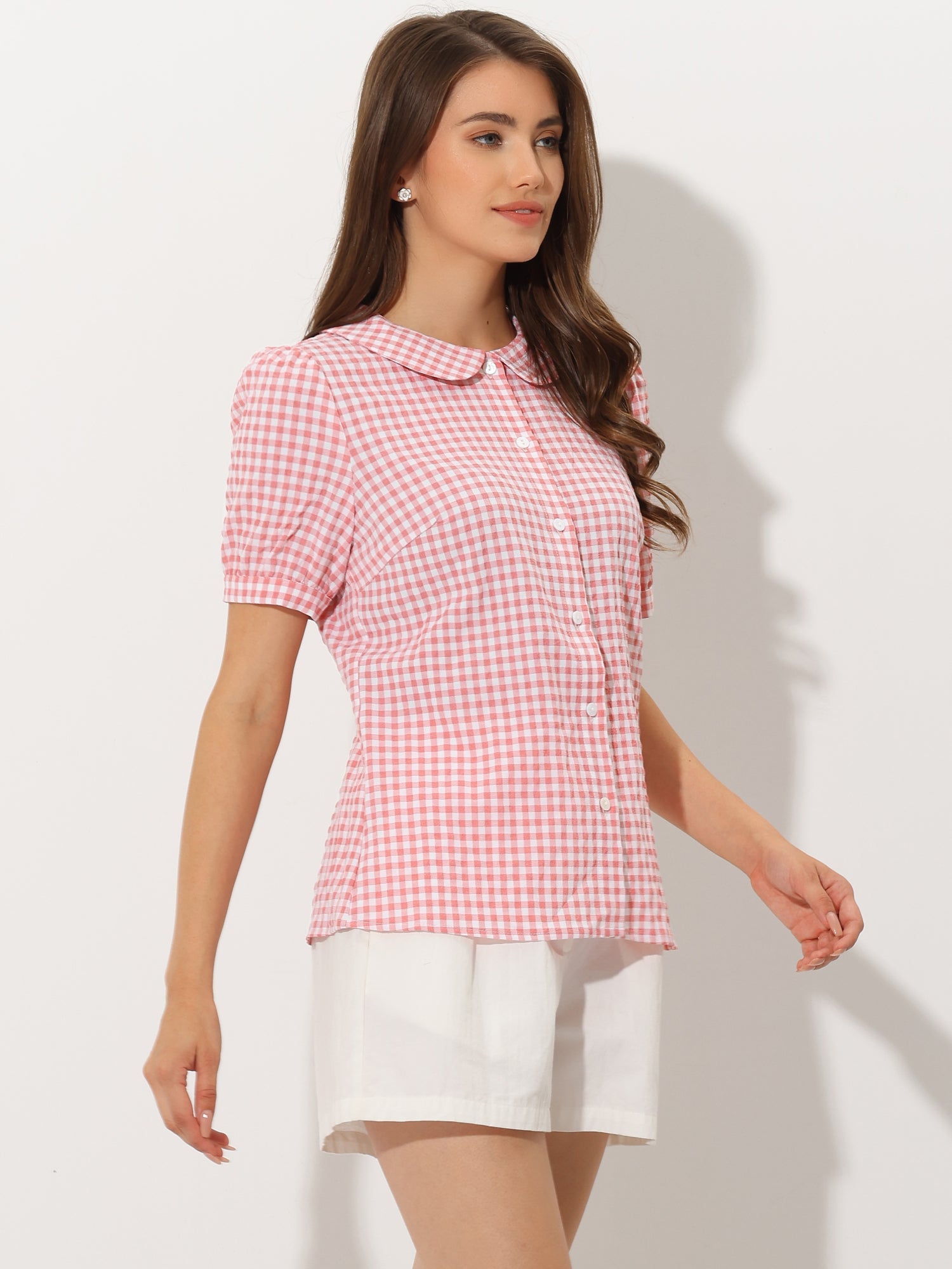 Plaid Puff Short Sleeve Gingham Peter Pan Collar Button Down Shirt
