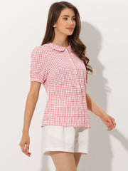 Plaid Puff Short Sleeve Gingham Peter Pan Collar Button Down Shirt