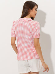 Plaid Puff Short Sleeve Gingham Peter Pan Collar Button Down Shirt