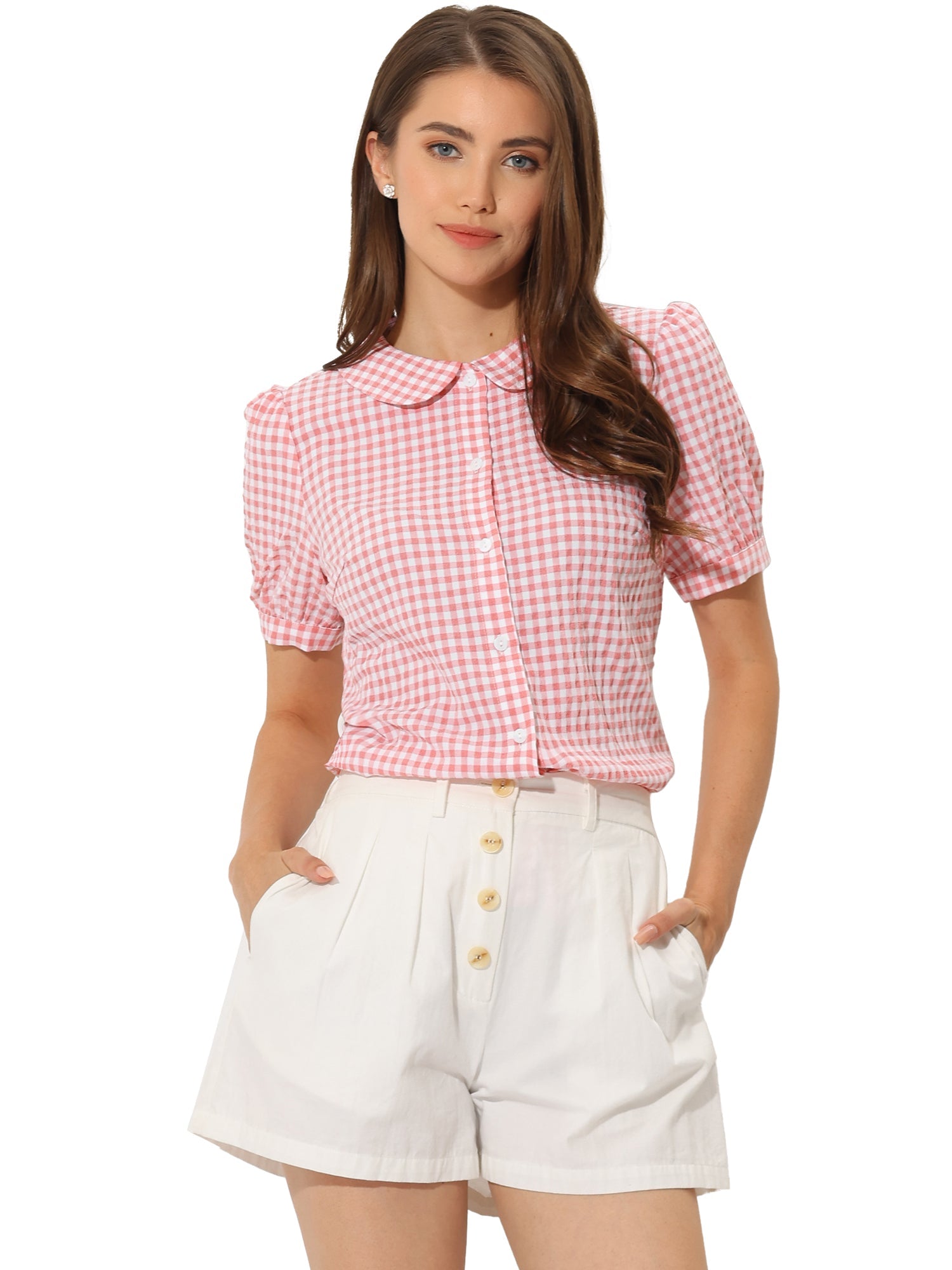 Plaid Puff Short Sleeve Gingham Peter Pan Collar Button Down Shirt