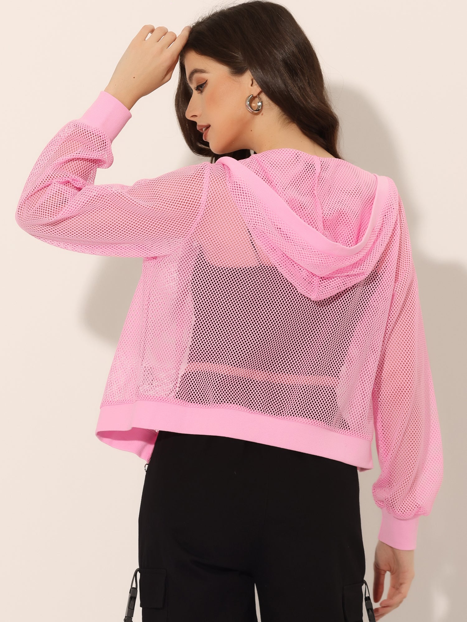 Zip Up Long Sleeve Mesh Sheer Hoodie Bomber Jackets