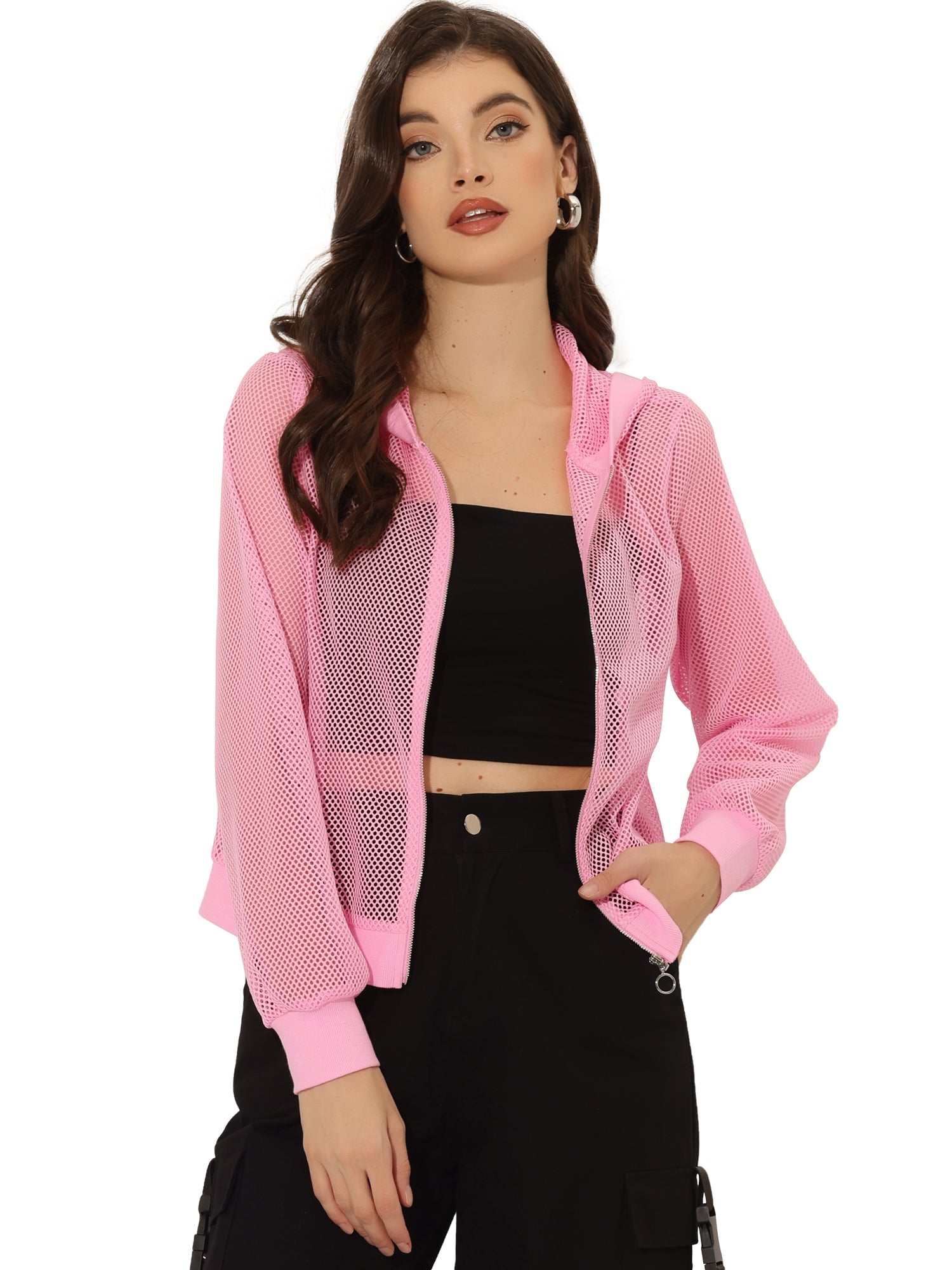 Zip Up Long Sleeve Mesh Sheer Hoodie Bomber Jackets