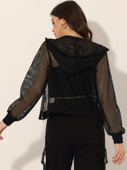 Zip Up Long Sleeve Mesh Sheer Hoodie Bomber Jackets