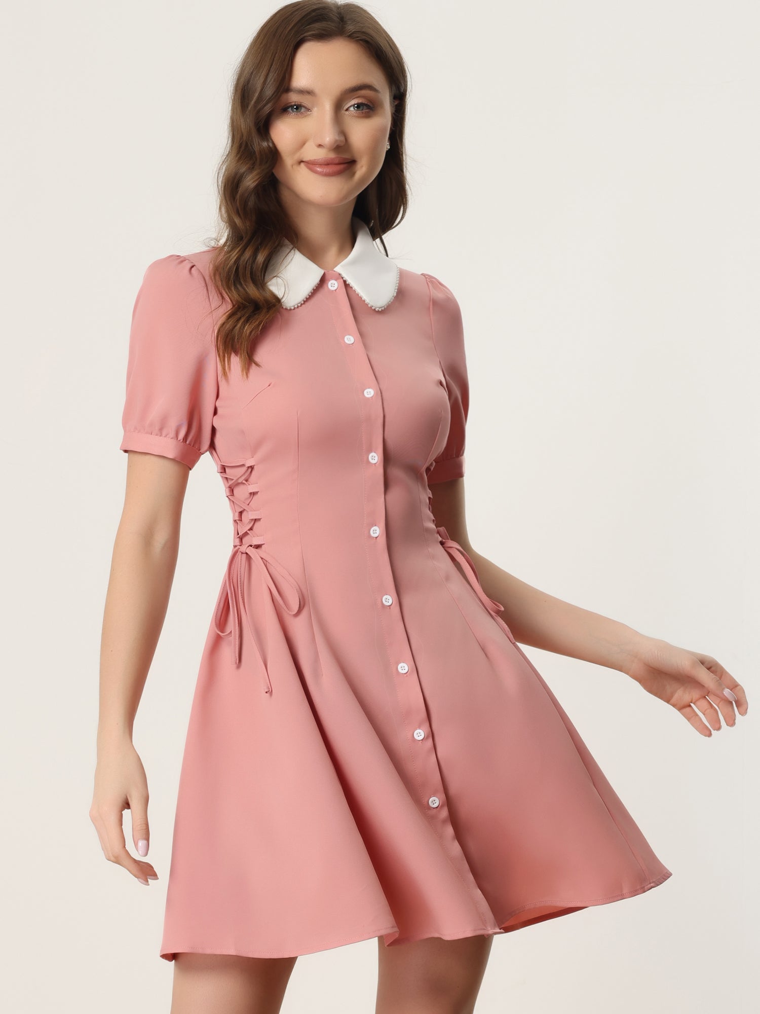Vintage Peter Pan Collar Lace Up Button Down Dress
