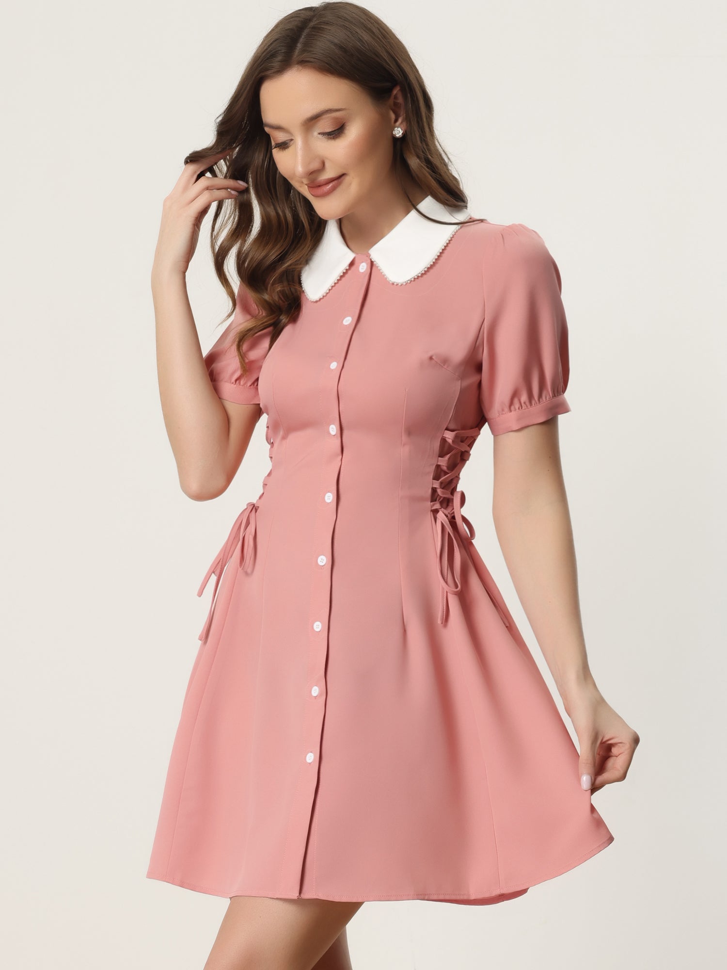 Vintage Peter Pan Collar Lace Up Button Down Dress