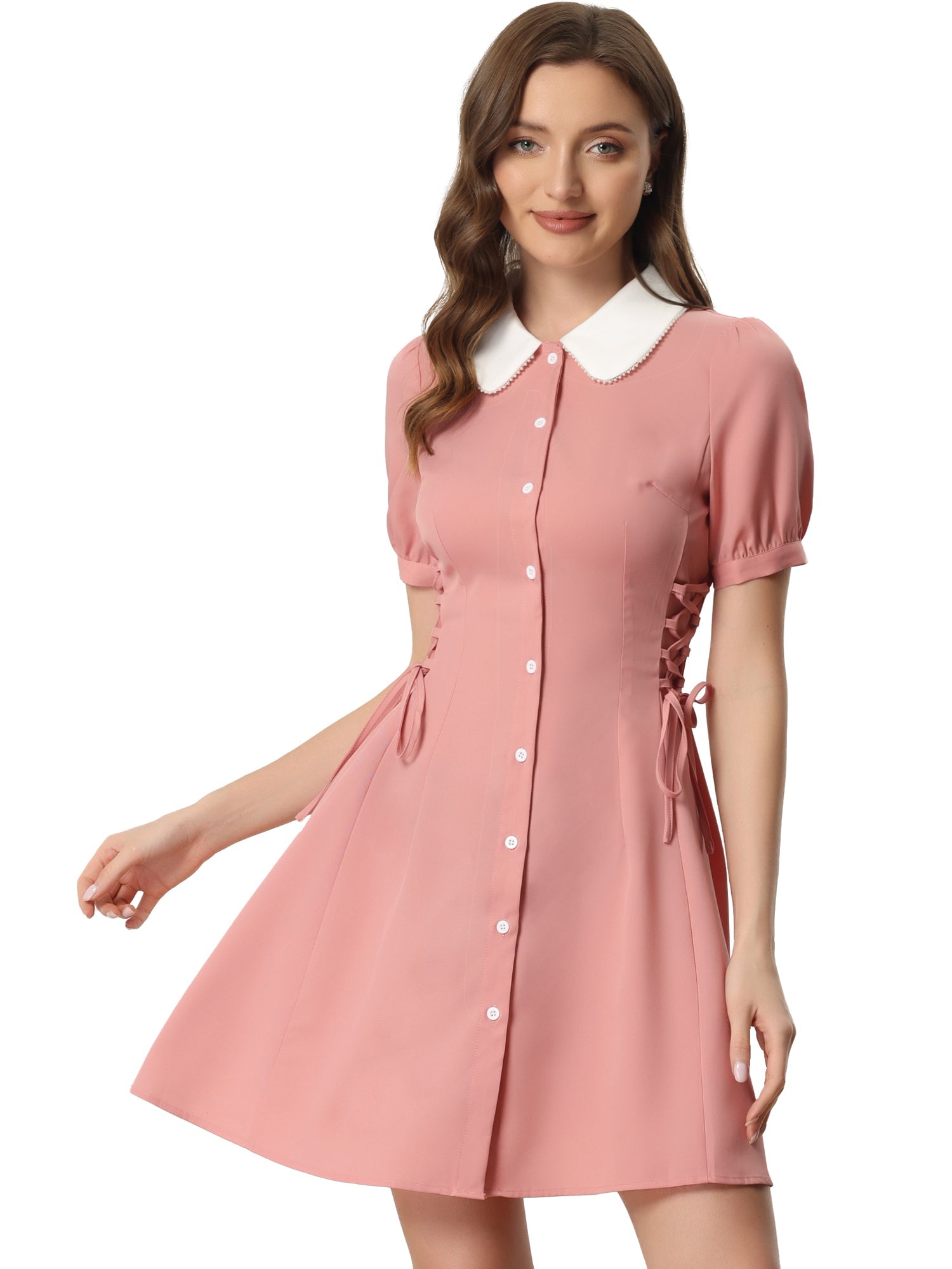 Vintage Peter Pan Collar Lace Up Button Down Dress