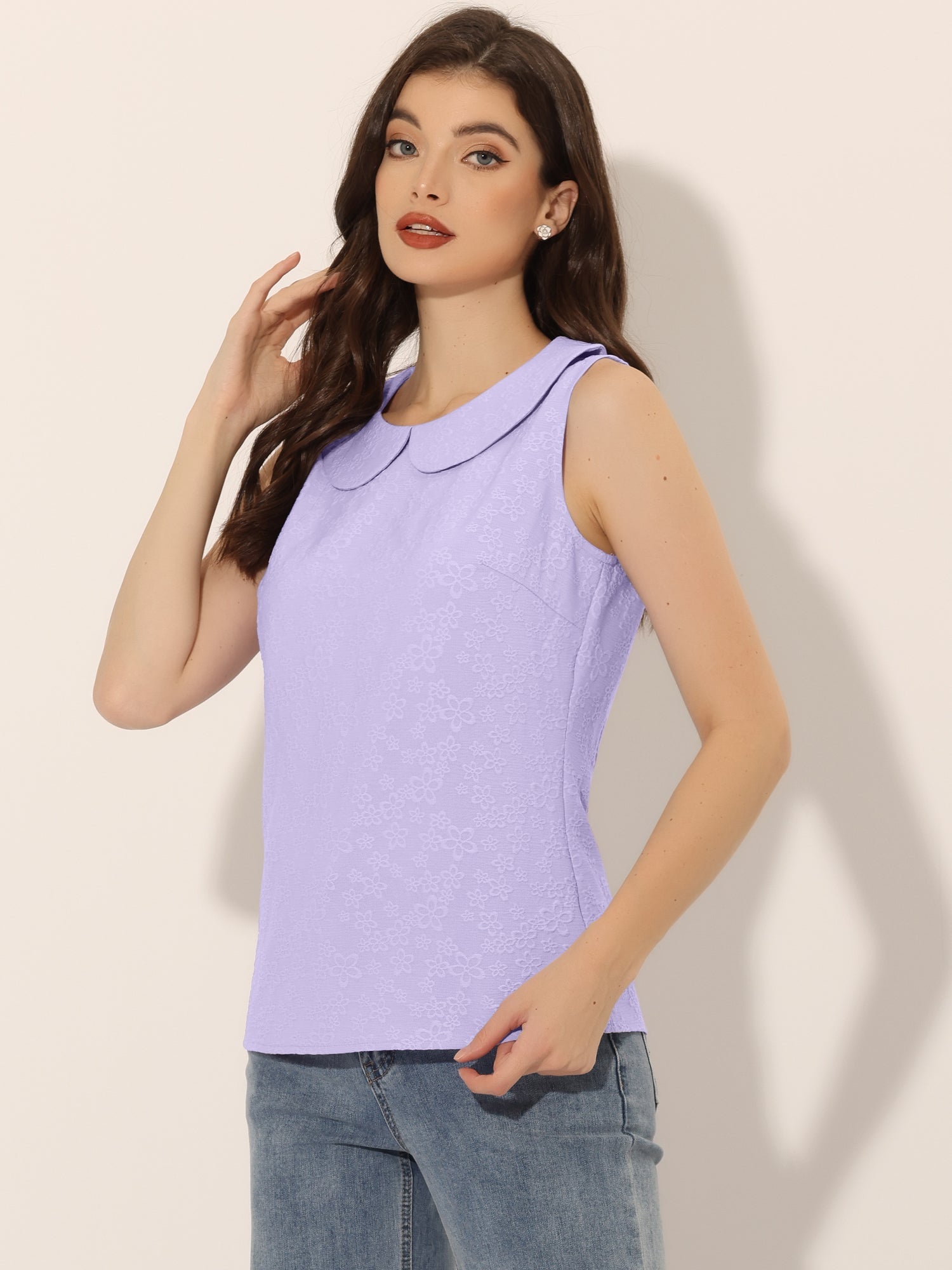 Peter Pan Collar Casual Sleeveless Jacquard Floral Tank Top