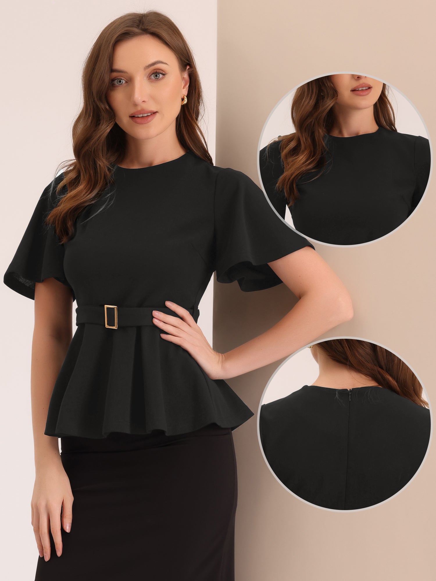Peplum Round Neck Bell Sleeve Belted Waist Office Blouse