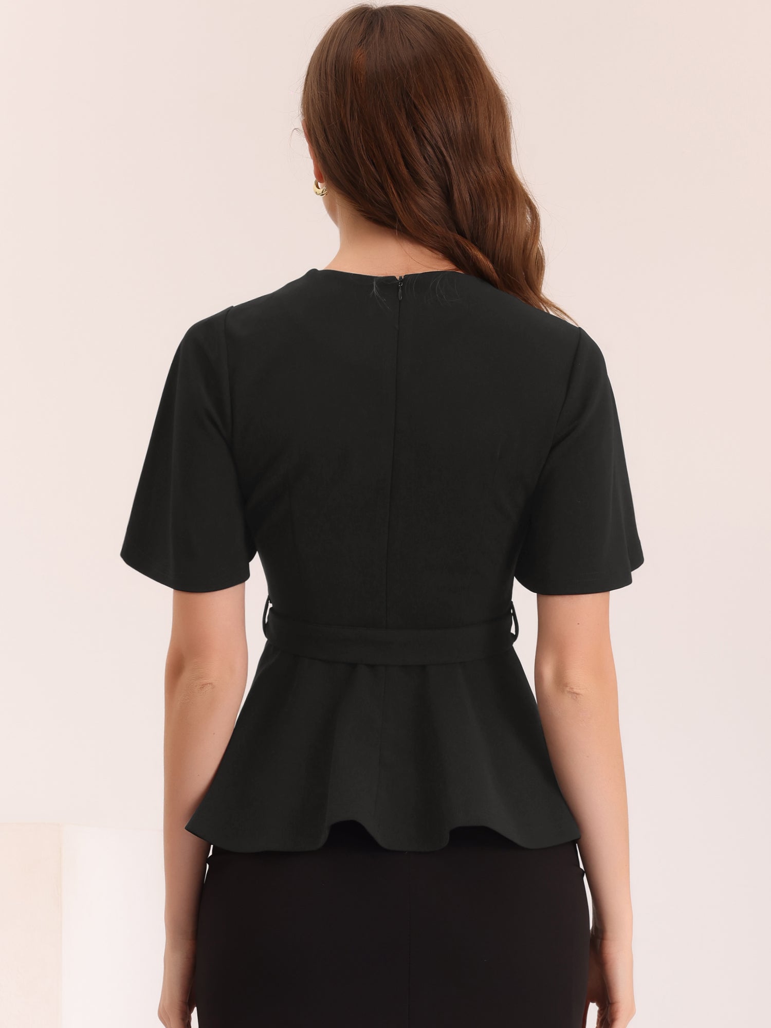 Peplum Round Neck Bell Sleeve Belted Waist Office Blouse