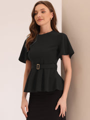 Peplum Round Neck Bell Sleeve Belted Waist Office Blouse