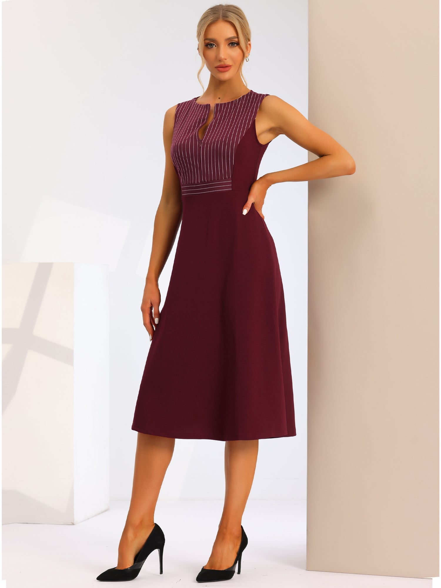Striped Crew Neck Sleeveless A-Line Midi Work Office Dress