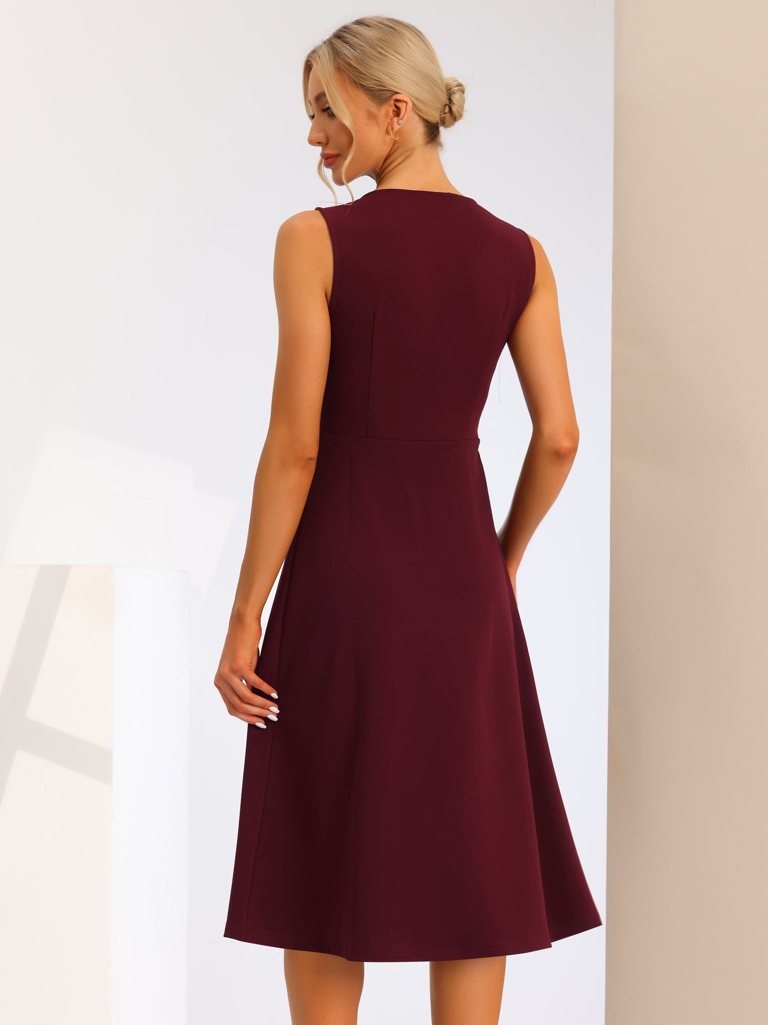 Striped Crew Neck Sleeveless A-Line Midi Work Office Dress