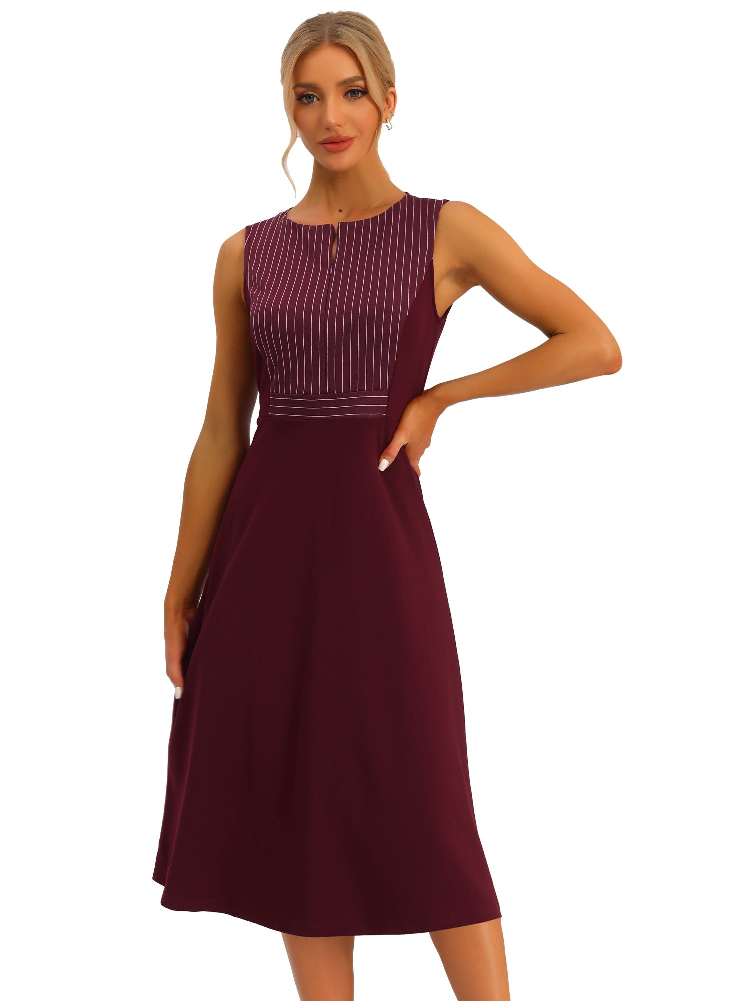 Striped Crew Neck Sleeveless A-Line Midi Work Office Dress