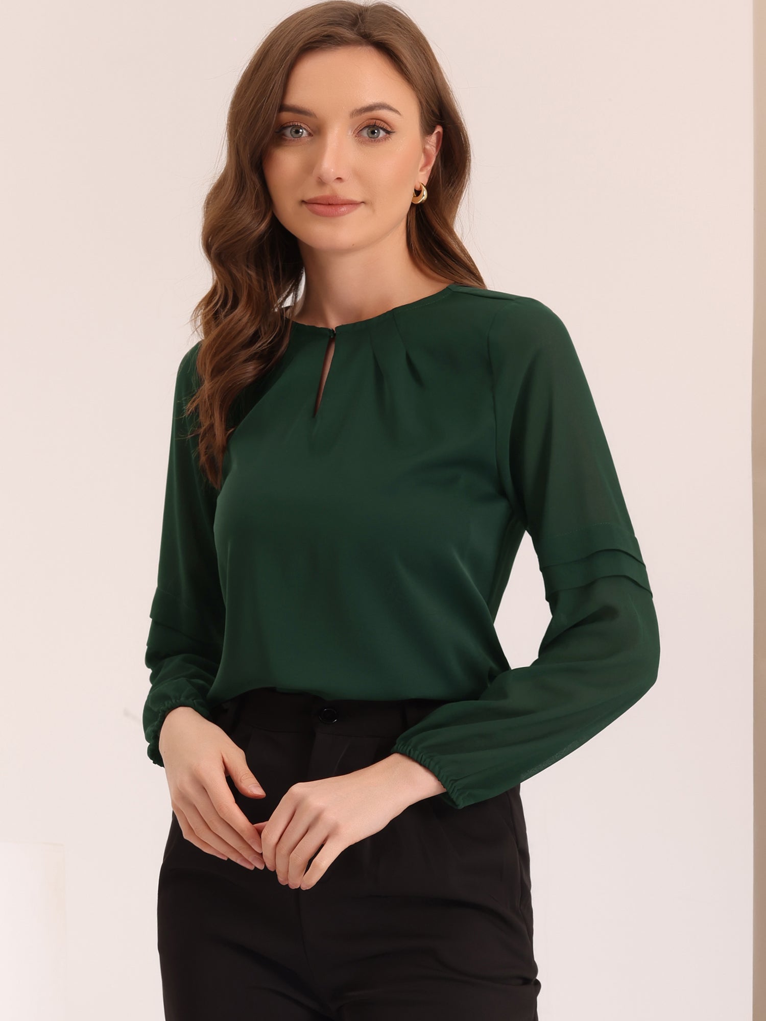 Chiffon Shirt Semi Sheer Keyhole Neck Elegant Work Blouse