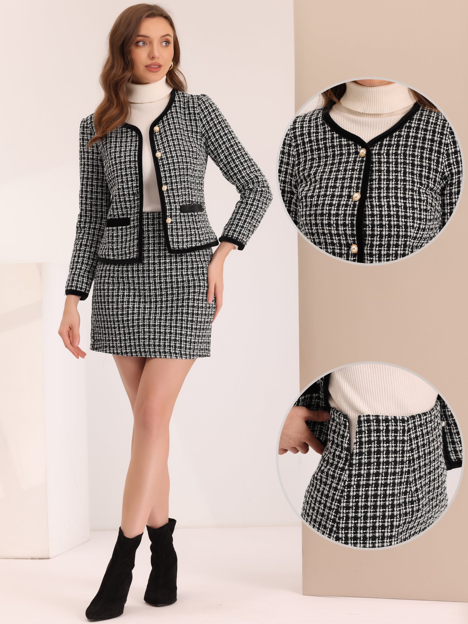 2 Piece Outfits Plaid Tweed Cropped Blazer Jacket & Mini Skirt Suit Set