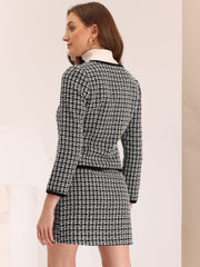 2 Piece Outfits Plaid Tweed Cropped Blazer Jacket & Mini Skirt Suit Set