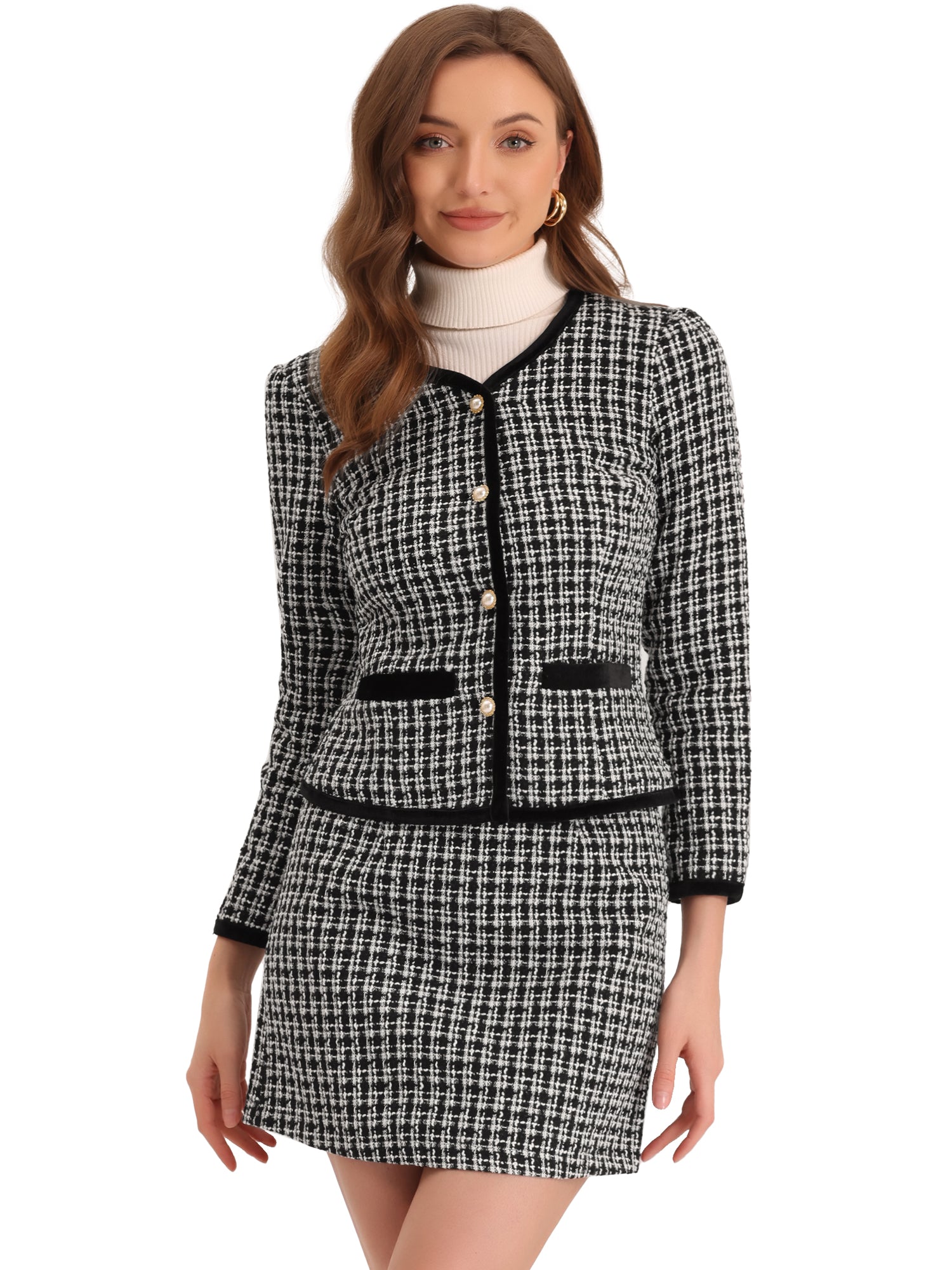 2 Piece Outfits Plaid Tweed Cropped Blazer Jacket & Mini Skirt Suit Set