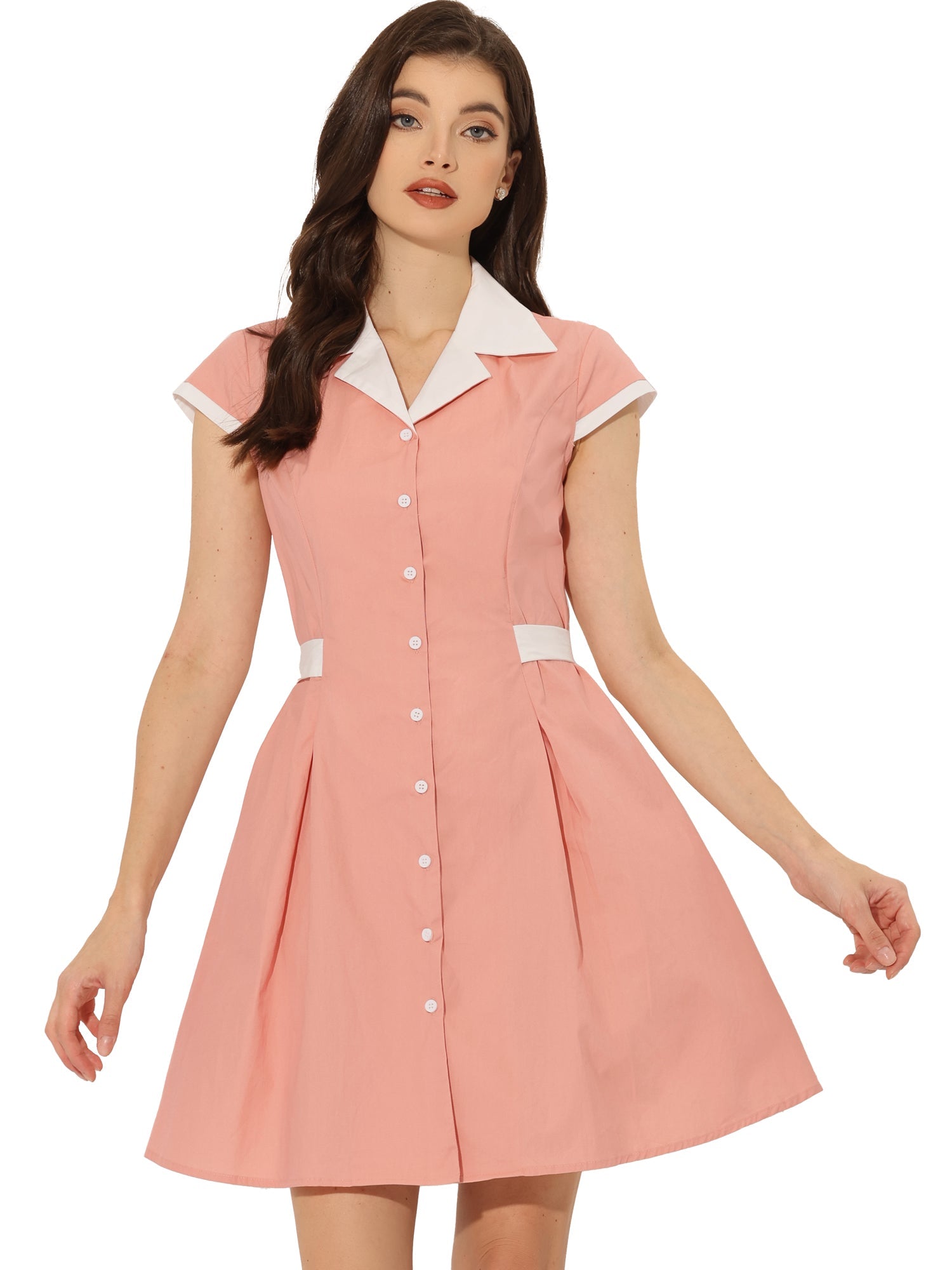 Retro Button Down Flat Collar Belted Office Mini Shirt Dress