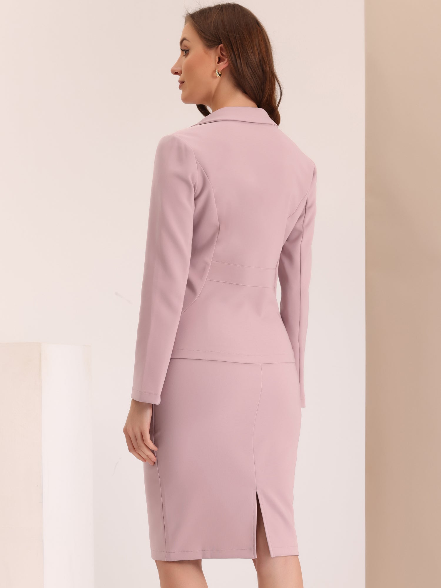 2 Pieces Business Casual Notched Lapel Long Sleeve Blazer & Pencil Skirt Suit Set