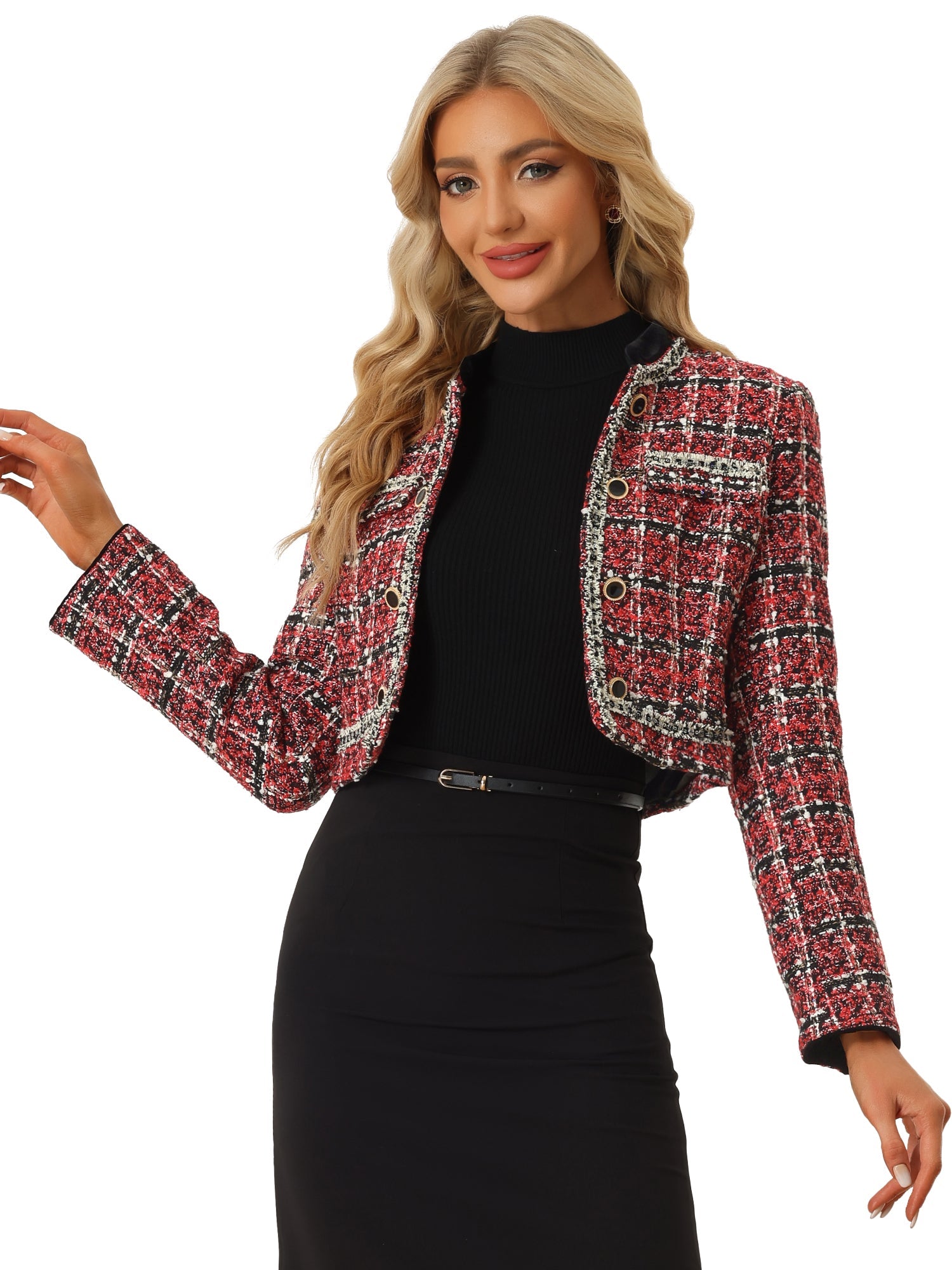 Stand Collar Double Breasted Elegant Plaid Tweed Crop Jacket