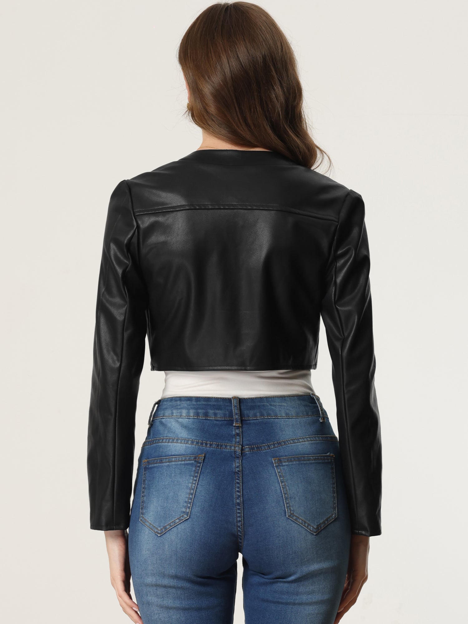 PU Bolero Open Front Leather Cropped Long Sleeve Cardigan