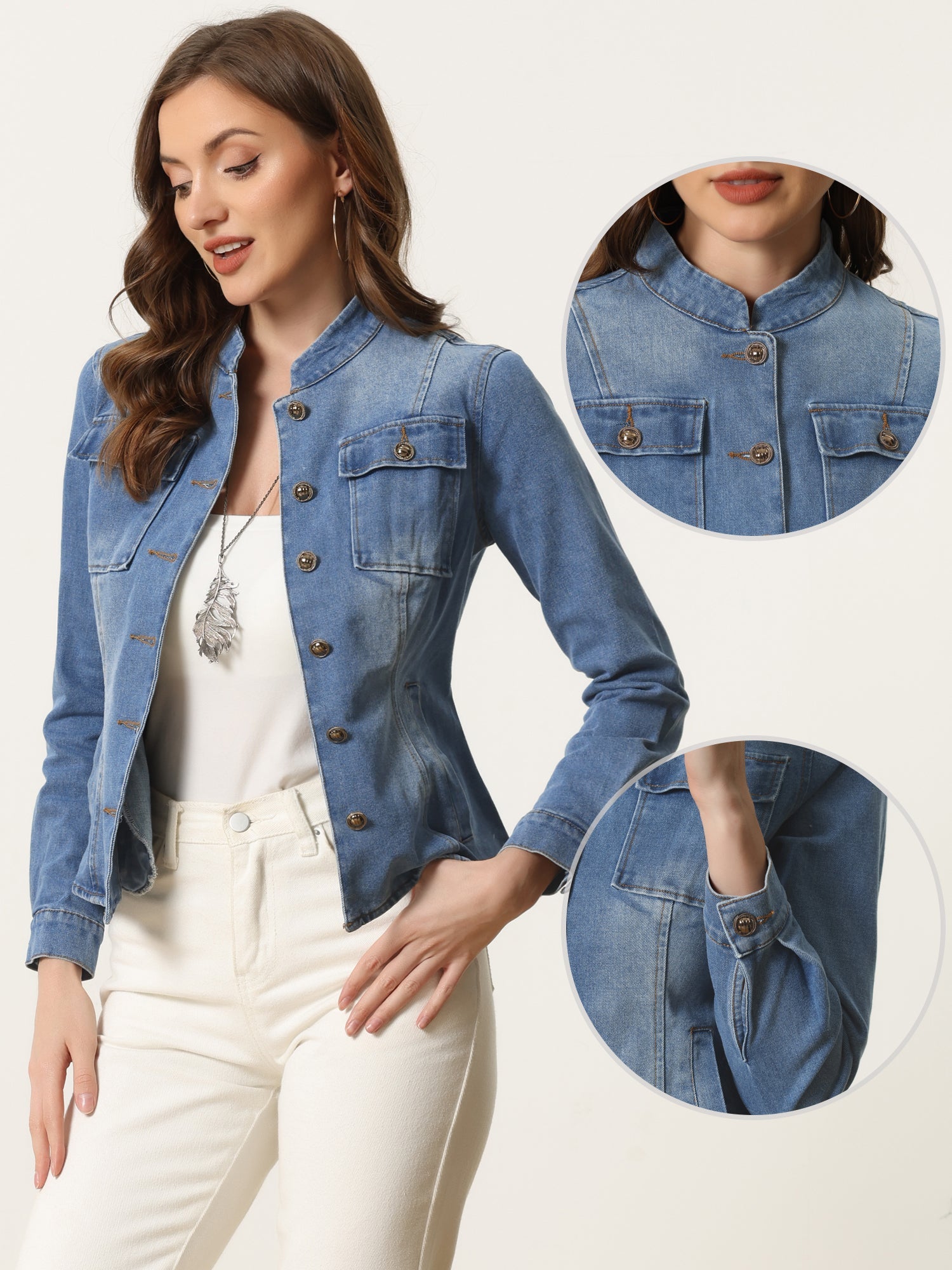 Casual Denim Classic Stand Collar Long Sleeve Jean Jacket