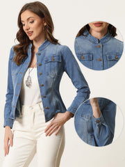Casual Denim Classic Stand Collar Long Sleeve Jean Jacket