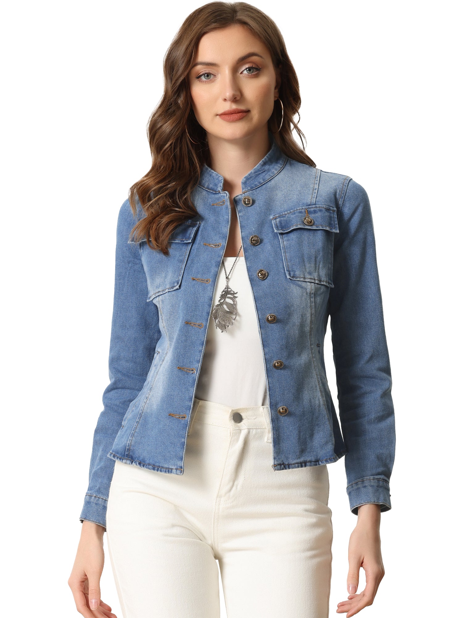 Casual Denim Classic Stand Collar Long Sleeve Jean Jacket
