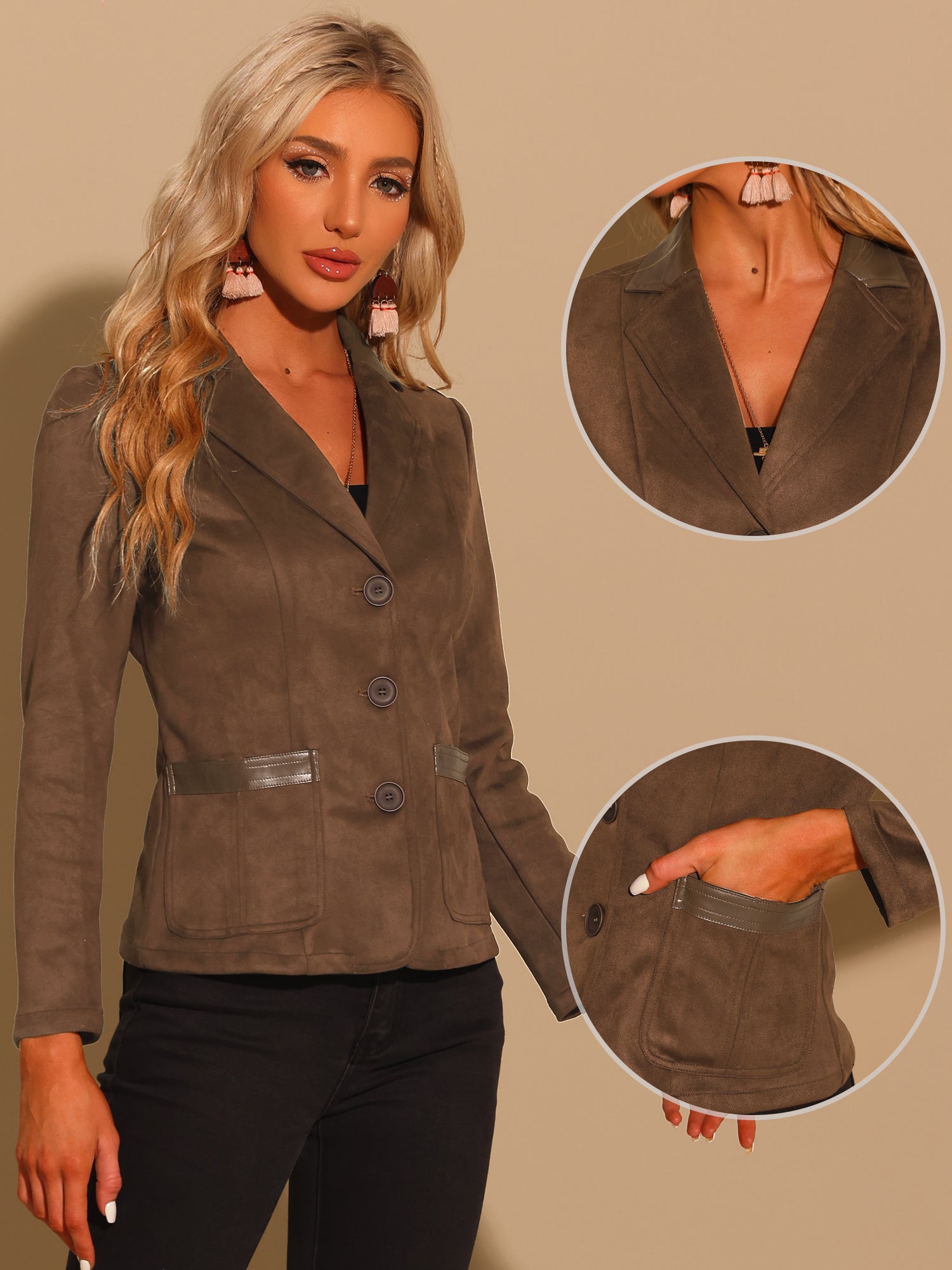 Faux Suede Lapel Collar Cowgirl 2 Button Blazer Jacket